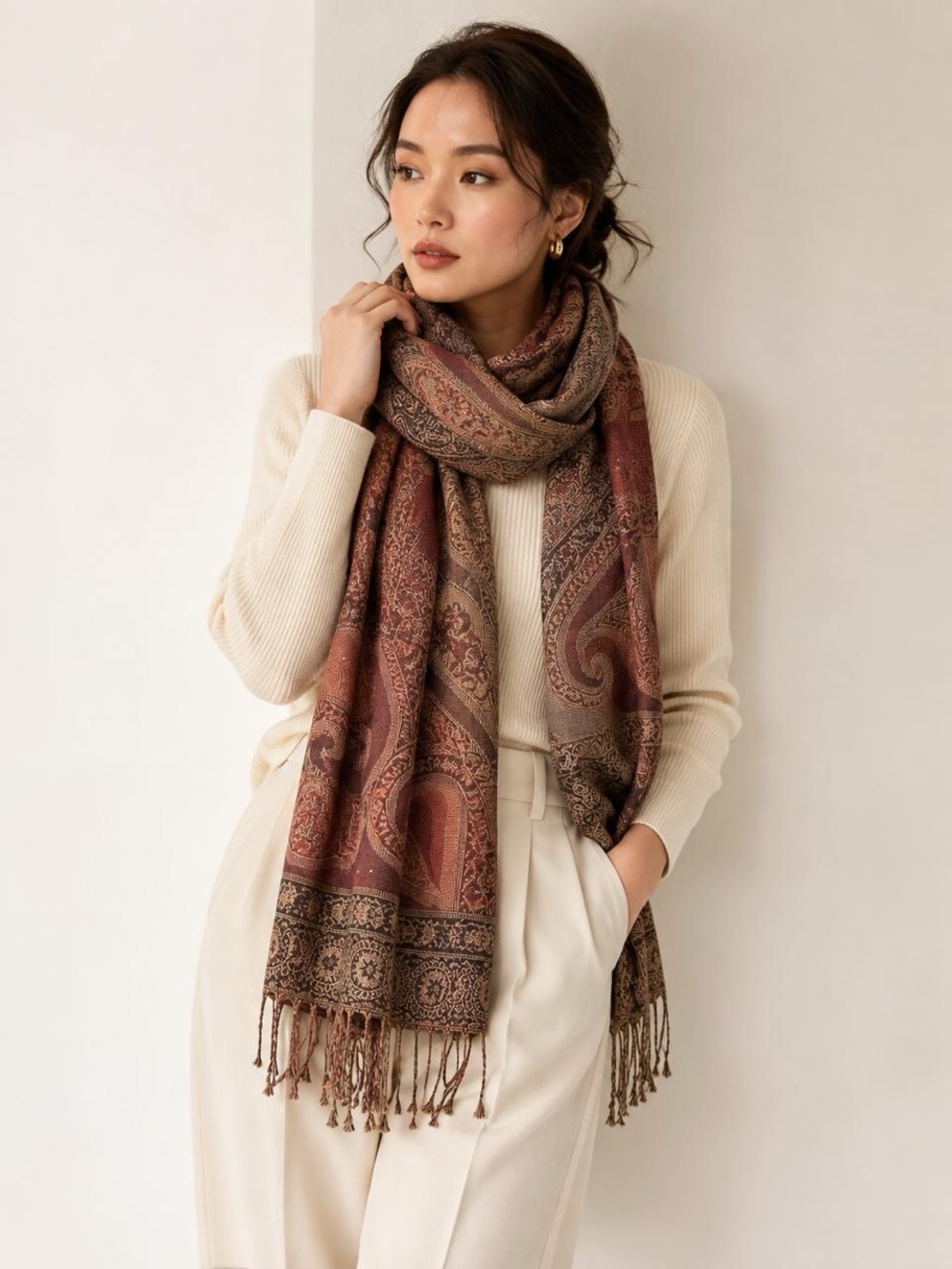Vince Camuto Women Paisley Print Fringe Scarf Wrap Brown Rust One Size NWT